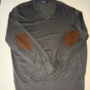 Cremieux Mens L preppy cotton silk Gray lightweight Sweater Brown Elbow Patches